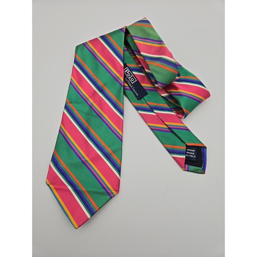 VTG Polo Ralph Lauren Mens Repp Tie 100% Silk Green Purple Pink Stripe Italy